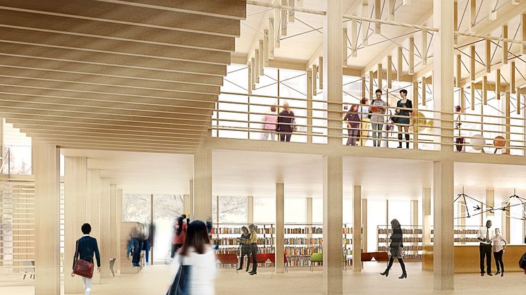 Illustration med vy mot biblioteket i Skellefteås kommande kulturhus.