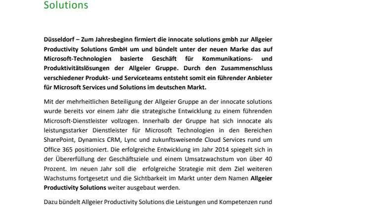 Wachstum konsequent fortgesetzt: Aus innocate solutions wird Allgeier Productivity Solutions