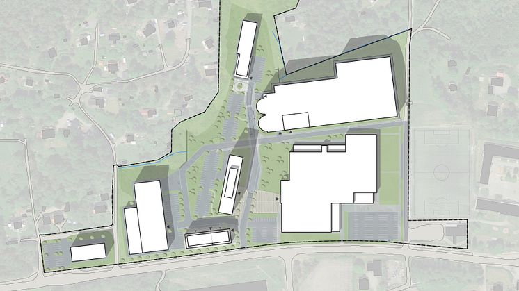 En översikt med en stor ishall närmast Härrydavägen i söder, ett stort parkeringshus i nordost. Ishallens entré vetter mot en inbjudande mötesplats och en hög hotellbyggnad. Andra byggnader är till för tillverkning och handel.