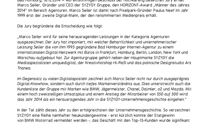 Marco Seiler erhält HORIZONT-Award als Agenturmann des Jahres 2014 