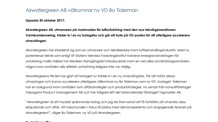 Airwatergreen AB välkomnar ny VD Bo Tiderman