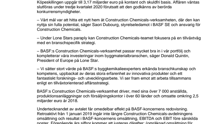 Lone Star Funds förvärvar BASF:s Construction Chemicals-verksamhet