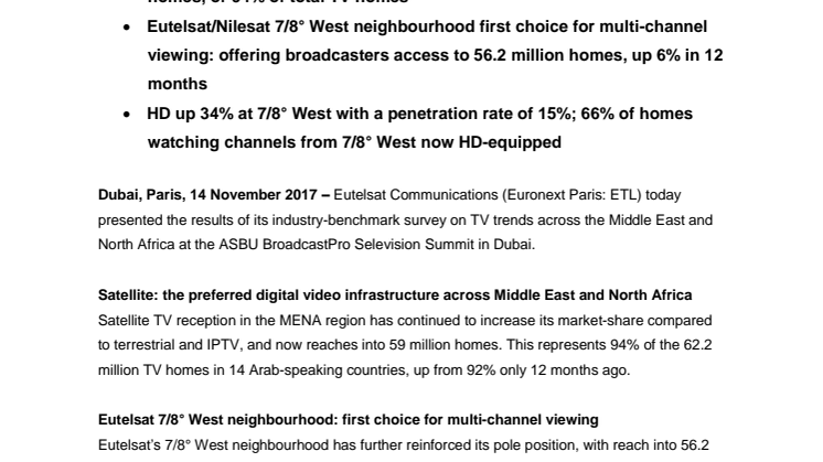 Further growth at Eutelsat 7/8° West video neighbourhood: now reaching into over 56 million TV homes in Middle East and North Africa