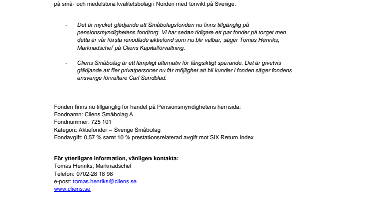 CLIENS SMÅBOLAG NU TILLGÄNGLIG I PPM