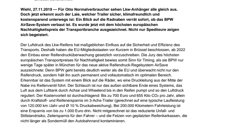 Klima- und kosteneffiziente Trailer jetzt sofort erkennbar: Europäischer Transportpreis für Nachhaltigkeit für BPW AirSave 