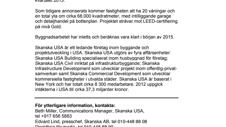Skanska skriver tilläggskontrakt för kontorsfastighet i New Jersey, USA, värt cirka 1,4 miljarder kronor