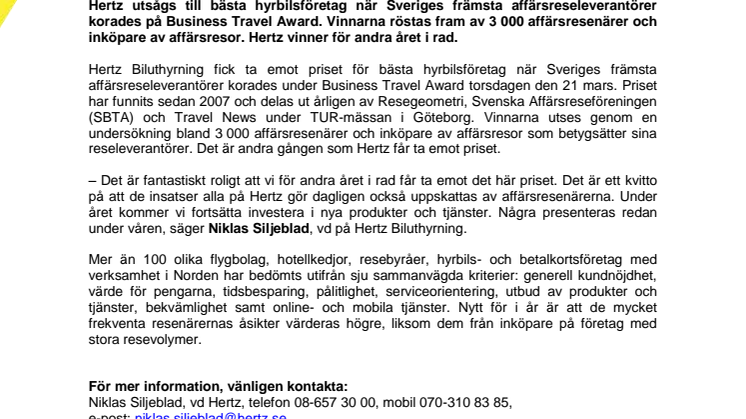 Hertz bästa hyrbilsföretaget när affärsresenärerna får välja