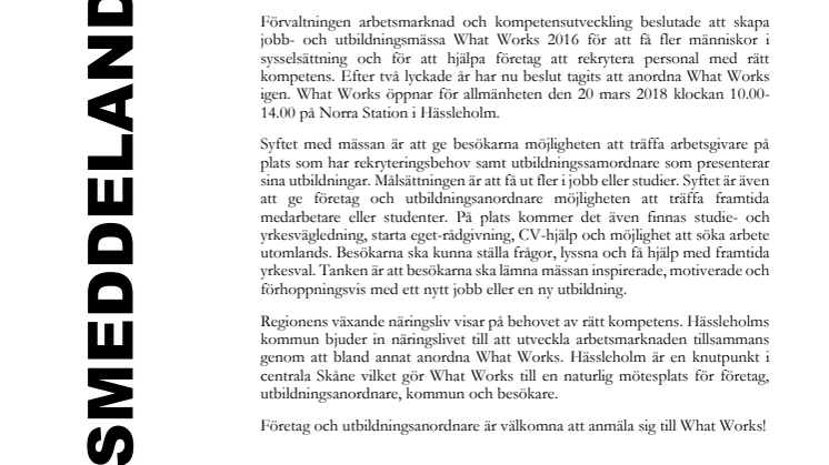 Hässleholms kommun anordnar jobb- och utbildningsmässan What Works igen