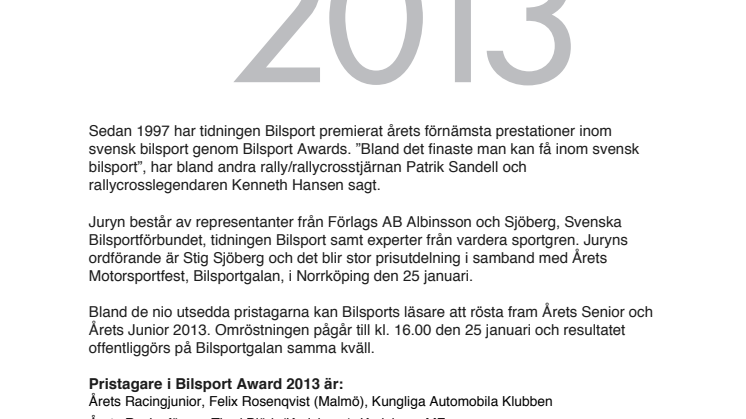 Pristagare i Bilsport Award 2013