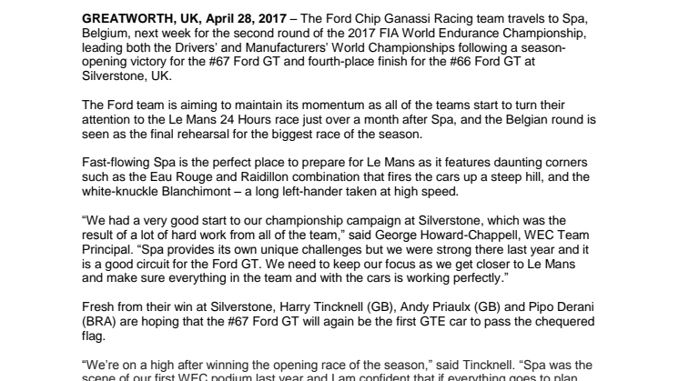 MOTORSPORT: Ford sigter højt ved World Endurance Championship i Spa, Belgien