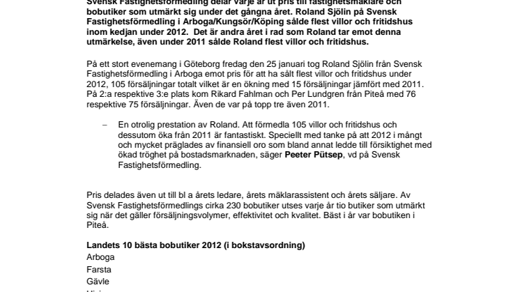 Andra året i rad: Mäklare från Arboga sålde flest villor och fritidshus under 2012