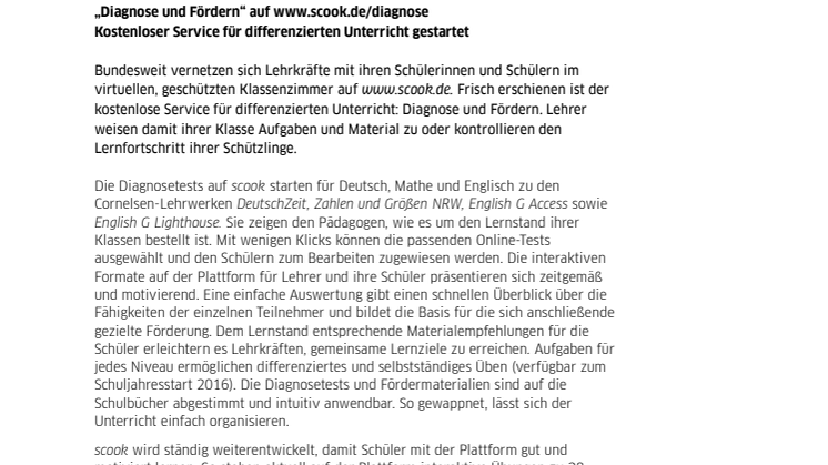 „Diagnose und Fördern“ auf www.scook.de - Kostenloser Service für differenzierten Unterricht gestartet