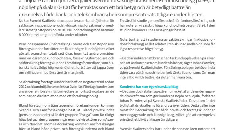 Svenskt Kvalitetsindex sammanfattning om försäkringsbranschen 2018