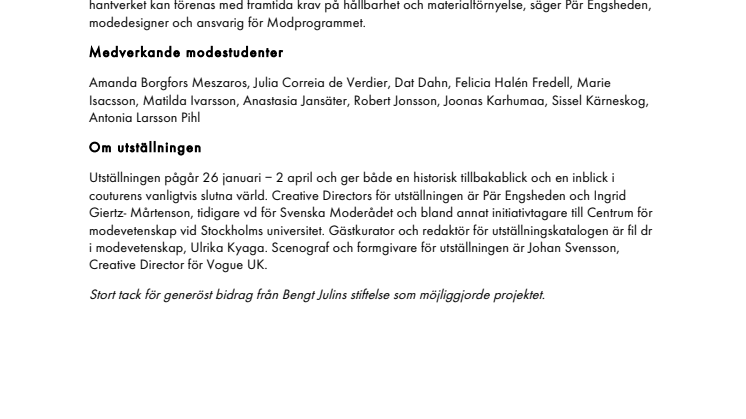 Beckmans modestudenter tolkar couturen i internationell modeutställning 