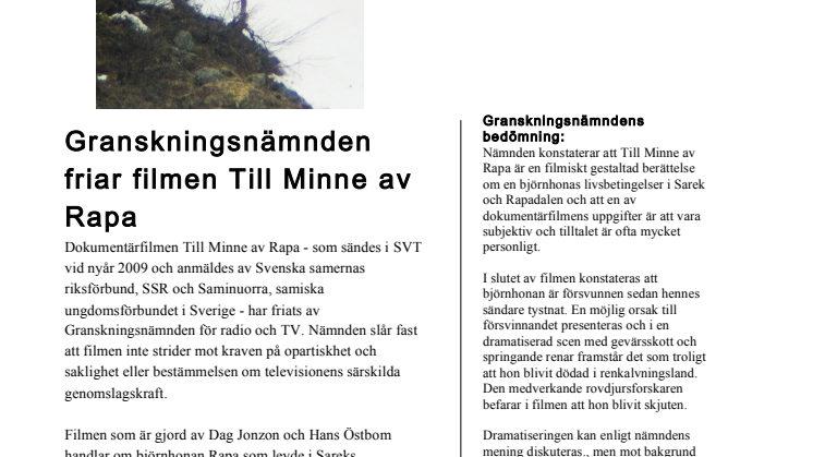 SVT-dokumentären om Sarekbjörnen Rapa friad av Granskningsnämnden