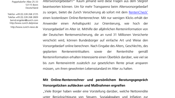 Für mehr Transparenz beim Altersvorsorgebedarf: Der Zurich RentenCheck 