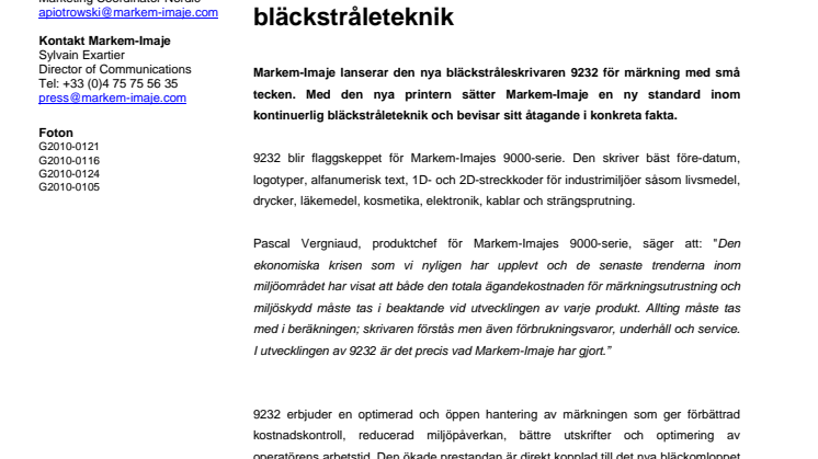 Nya 9232 från Markem-Imaje höjer standarden inom kontinuerlig bläckstråleteknik