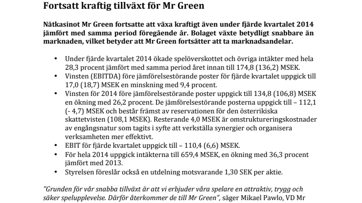 Fortsatt kraftig tillväxt för Mr Green