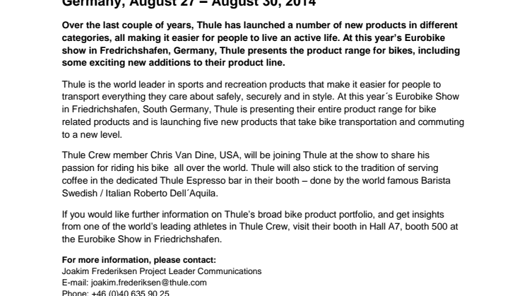 Thule Launch New Products and Presents their Full Range of Bike Products at the Eurobike Show in Friedrichshafen, Germany, August 27 – August 30, 2014