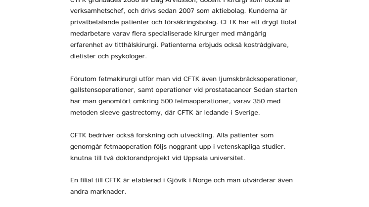 Centrum för Titthålskirurgi, CFTK, fakta om företaget
