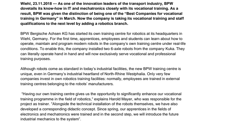 BPW to use robots in vocational and professional training