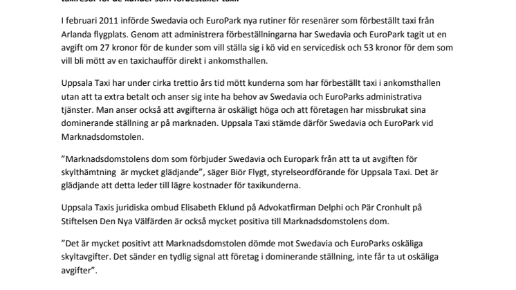 Marknadsdomstolen stoppar Swedavias och EuroParks olagliga taxiavgift på Arlanda
