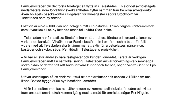 ​Familjebostäder väljer Telestaden
