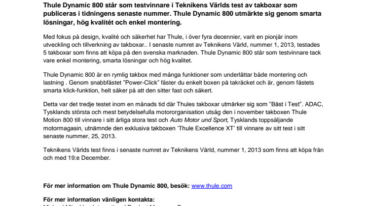 Thules takbox Thule Dynamic 800 testvinnare i Teknikens Värld test 2013