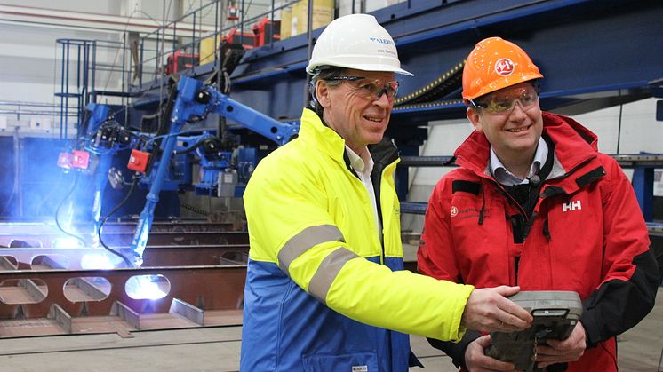 Hurtigruten CEO Daniel Skjeldam (right) officially started the construction of MS Roald Amundsen - the greenest expedition cruise ship the world has ever seen at Kleven Yards, Norway. Kleven CEO Ståle Rasmussen (left).