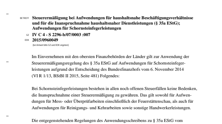Schornsteinfegerleistungen als haushaltsnahe Dienstleistung anerkannt