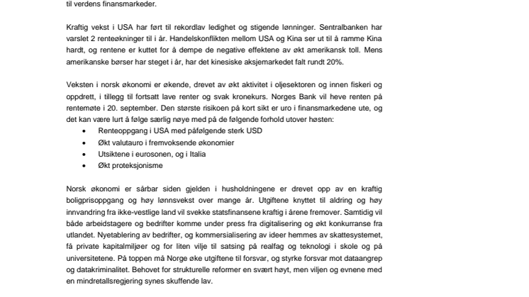 Makrorapport august 2018: Sterk USD kan gi turbulens i finansmarkedet