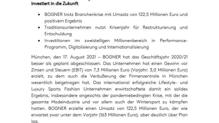 BOGNER Closes FY 2020/21 Above Plan Despite Pandemic, and Invests in the Future  