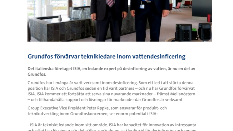 Grundfos förvärvar teknikledare inom vattendesinficering