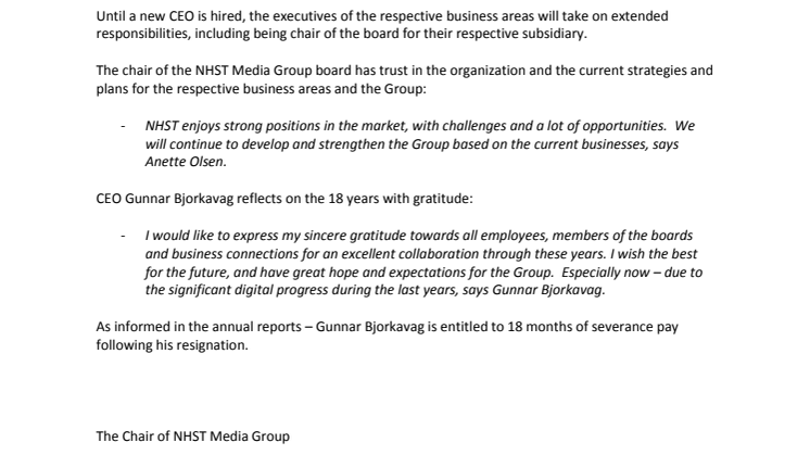 Gunnar Bjørkavåg resigns as Group CEO of NHST Media Group