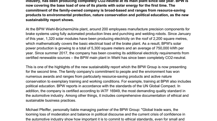 BPW covers electrical base load of its brakes factory with solar power – new sustainability report now online