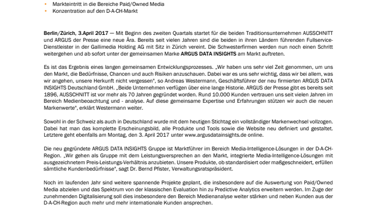 AUSSCHNITT, BERLIN, UND ARGUS DER PRESSE, ZÜRICH,  PRÄSENTIEREN GEMEINSAMEN NEUEN MARKENAUFTRITT