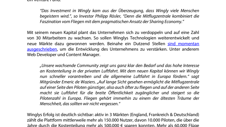 Wingly sammelt 2 Millionen Euro Investment für mehr Luftfahrt ein
