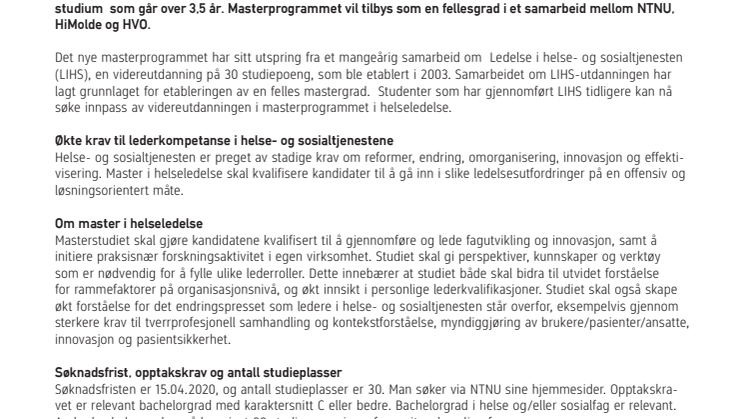 Ny master i helseledelse høsten 2020