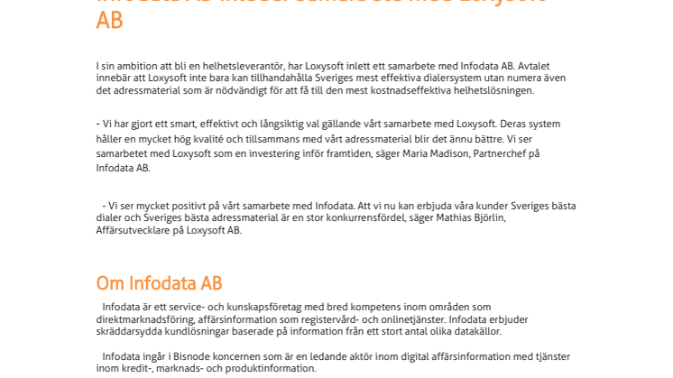 Infodata AB inleder samarbete med Loxysoft AB