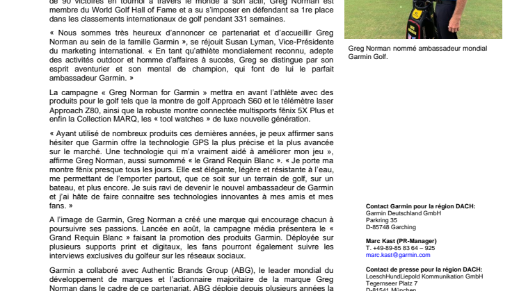 Greg Norman, « le grand requin blanc », nommé ambassadeur mondial Garmin Golf.