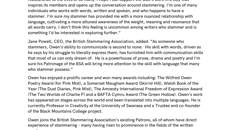 POET OWEN SHEERS JOINS  STAMMA’S ILLUSTRIOUS PANEL OF PATRONS