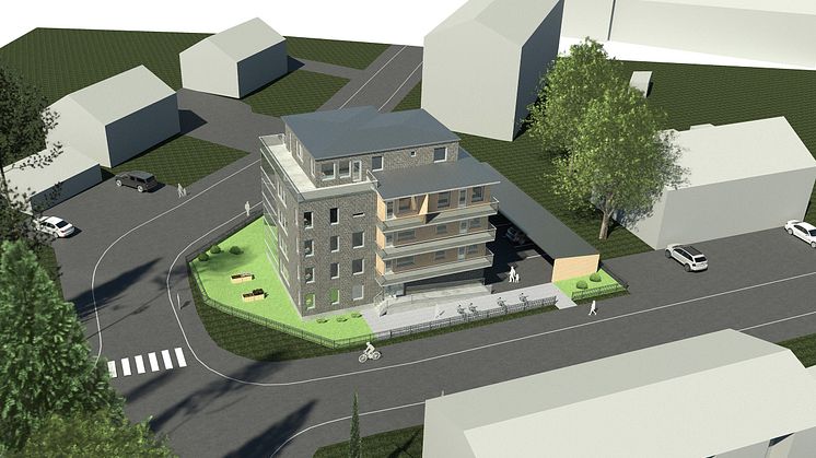 I korsningen Kronovägen-Bryggargatan planeras för 12 nya bostäder. Illustration av Angelica Nilsson Arkitekt SAR/MSA Arkinova för OF Bygg.  