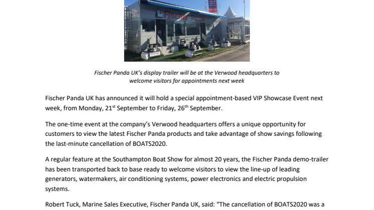 Fischer Panda UK Announces VIP Showcase Event Following BOATS2020 Cancellation