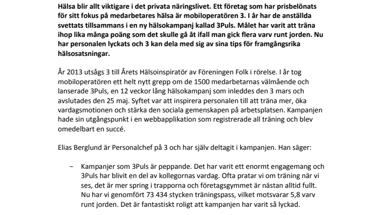3s medarbetare går 5,8 varv runt jorden i hälsokampanjen 3Puls