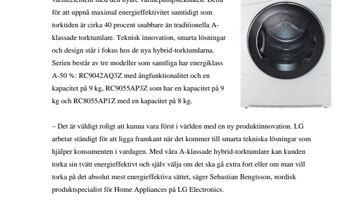 40 PROCENT SNABBARE TORKTID NÄR LG LANSERAR VÄRLDENS FÖRSTA HYBRID-TORKTUMLARE
