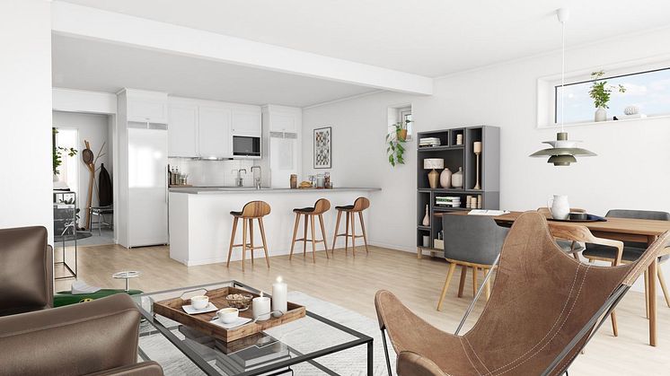 Brf Högbobäcken - 3D-bild av kök och vardagsrum