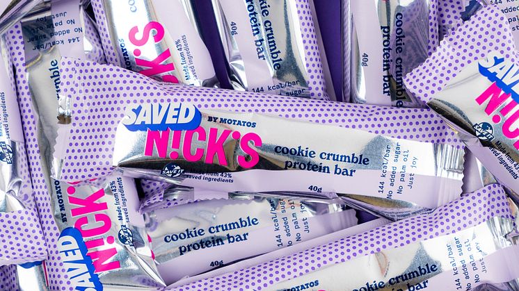 Nick's och Matsmarts nya proteinbar Cookie crumble, gjord på räddade ingredienser. 