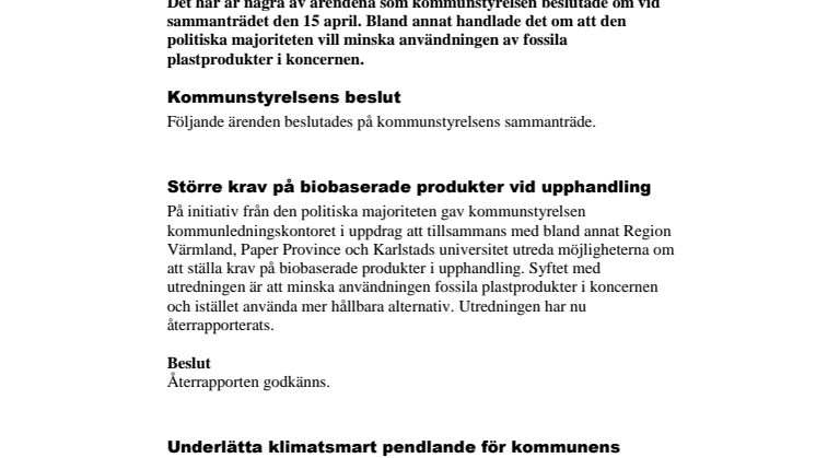 Kommunstyrelsen i korthet den 15 april