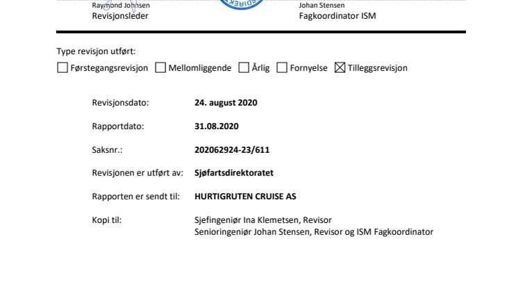 Hurtigruten Cruise AS - Revisjonsrapport