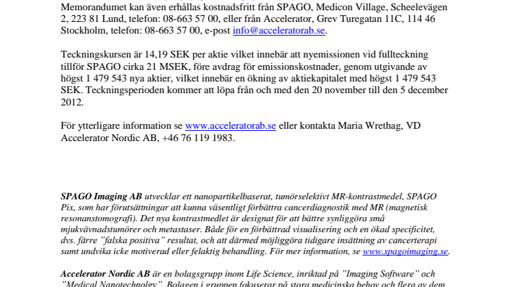 SPAGO Imaging offentliggör memorandum avseende riktad nyemission